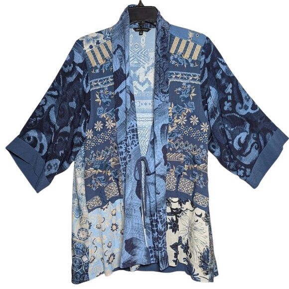 John Mark Blue Muliti Patchwork Embroidered Open Front Kimono Duster Top L - Picture 1 of 7